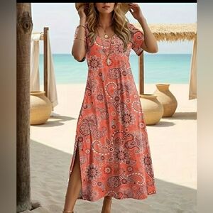 Women's Coral Paisley-print Maxi-dress, Size L, NWOT